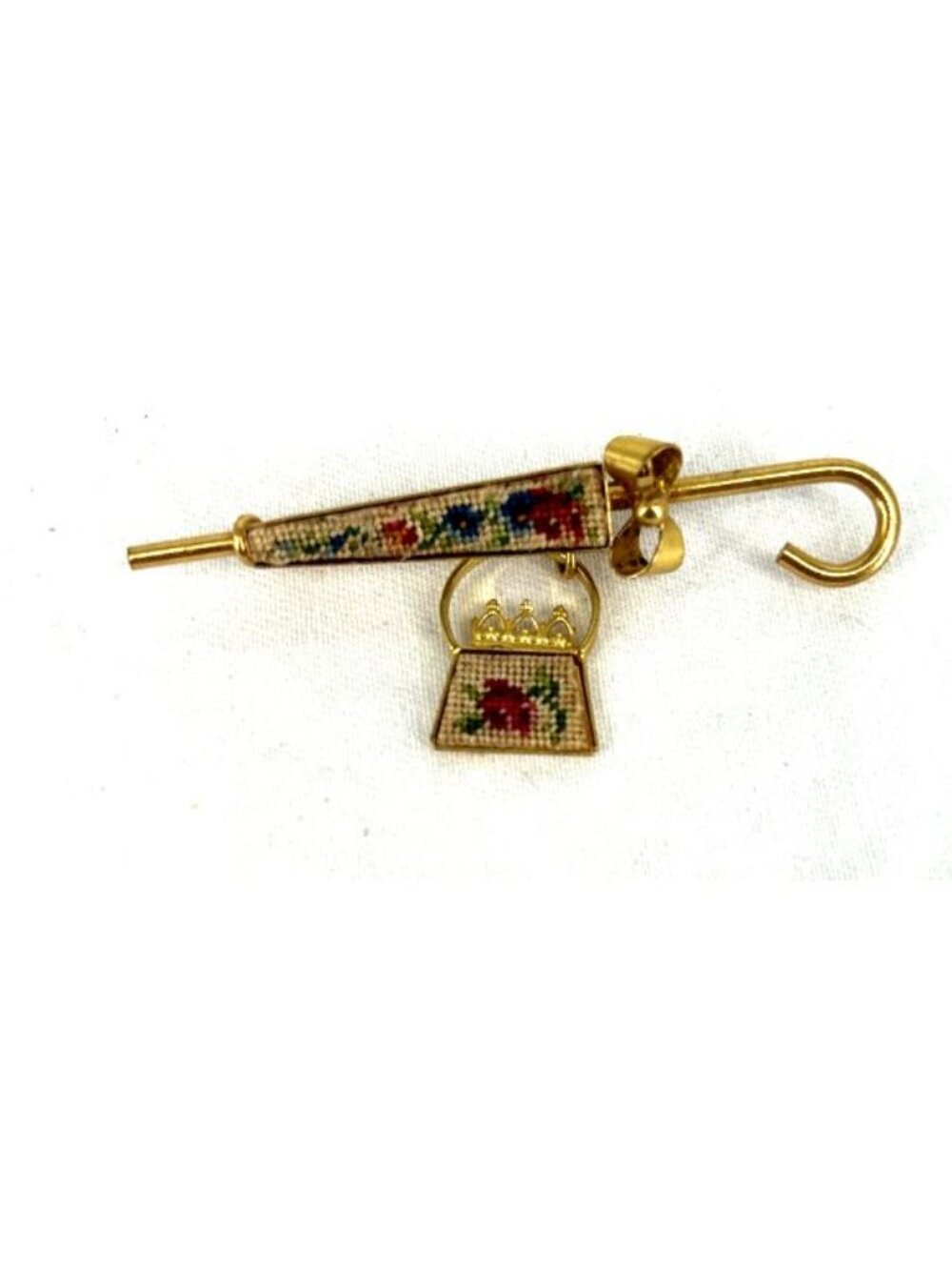 Petit Point Brooch Needlepoint Floral Umbrella Parasol & Purse Pin 2.75"
